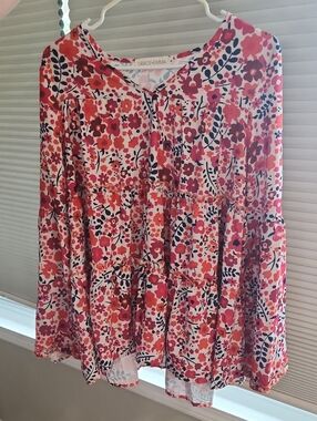 Grace & Emma Coral Floral Tiered Blouse - Pink/Red